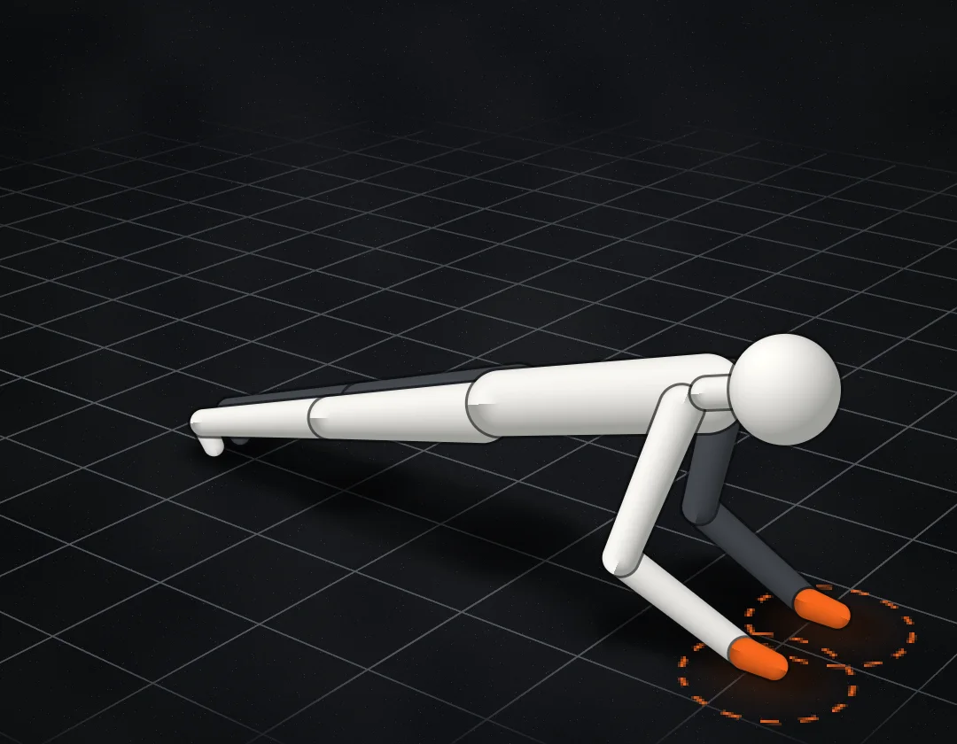 3D figure doing a full push-up on the grid stage